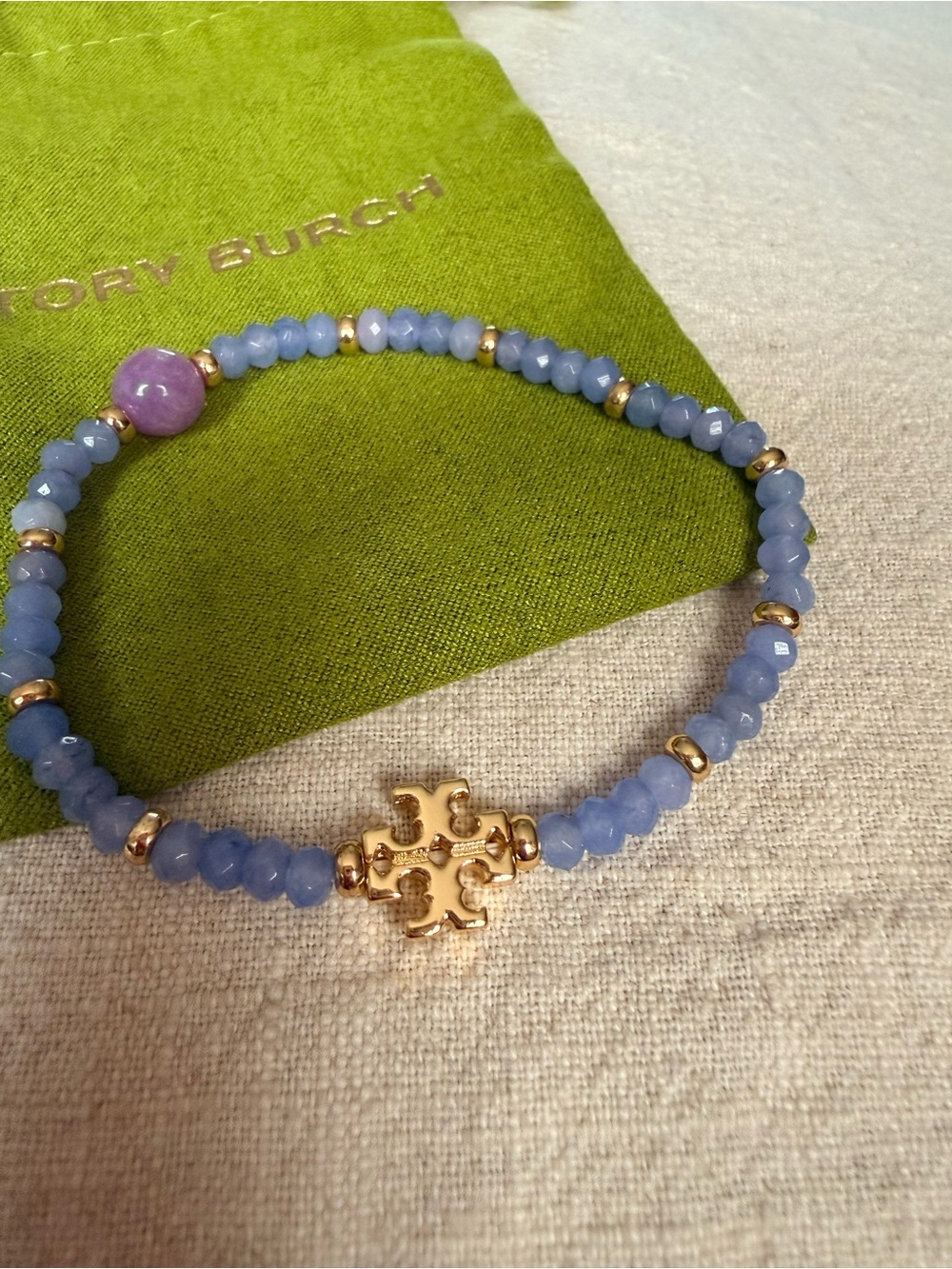 Tory Burch Lavender Blue Beaded Bracelet with Gold Logo
